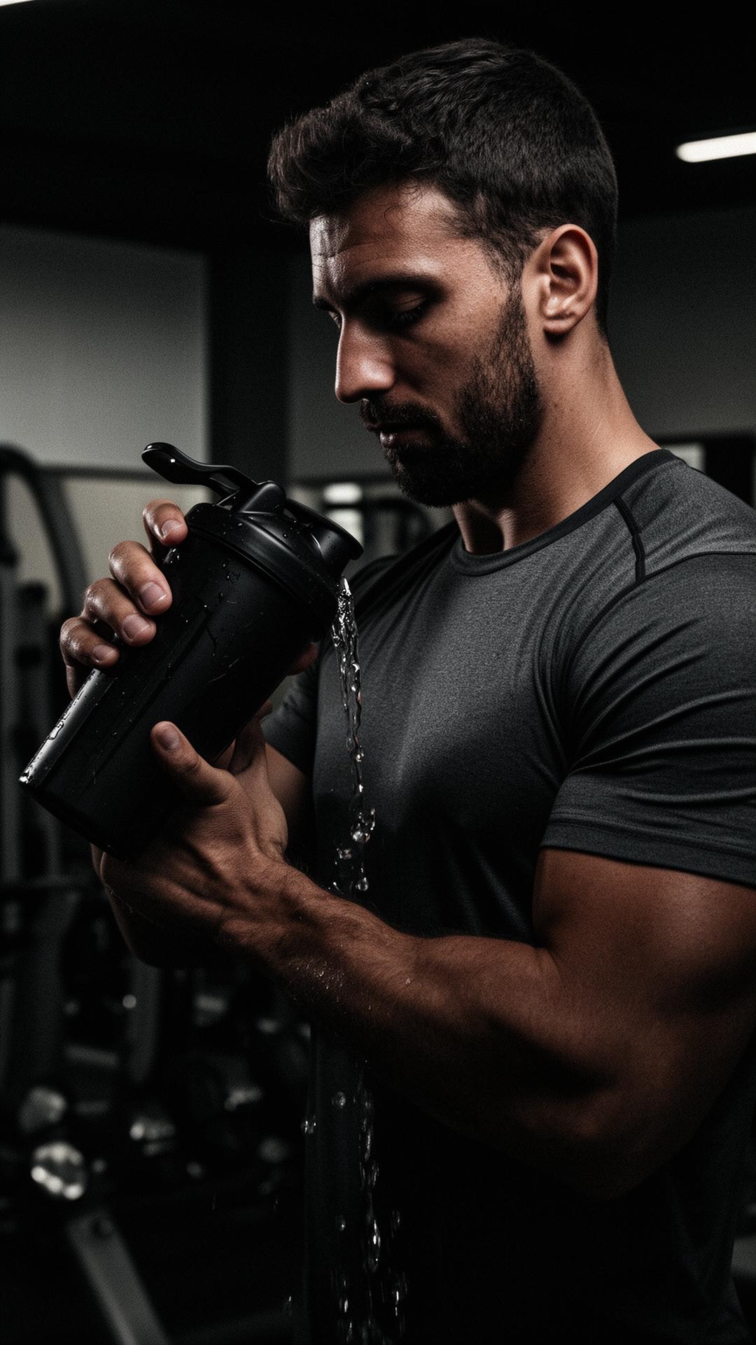 Atleta preparando bebida em shaker preto